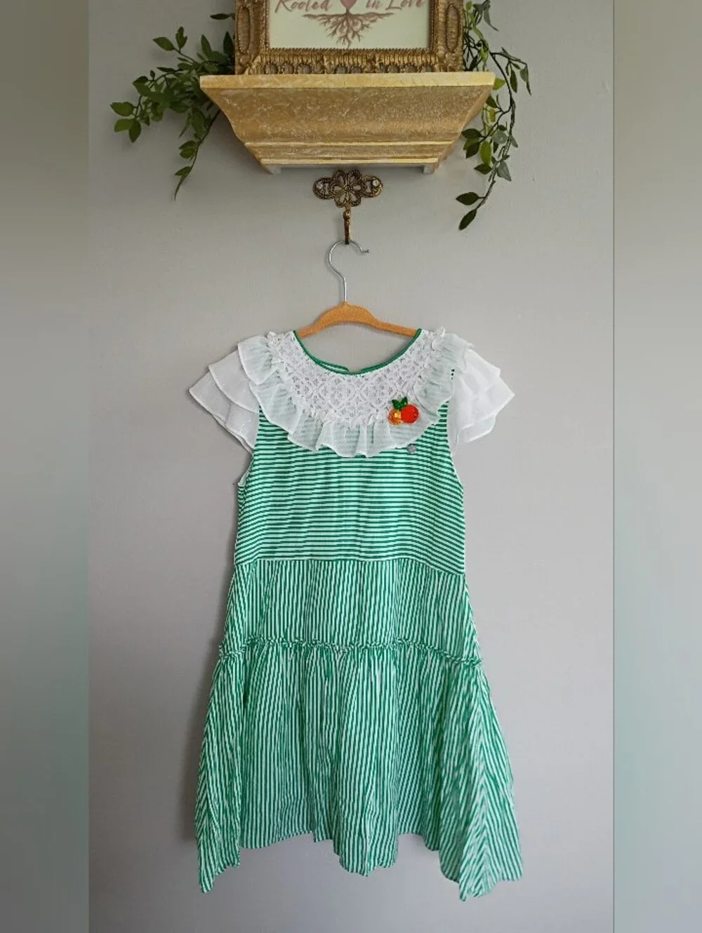 Green & White Striped Ruffle Collar Kids Dress